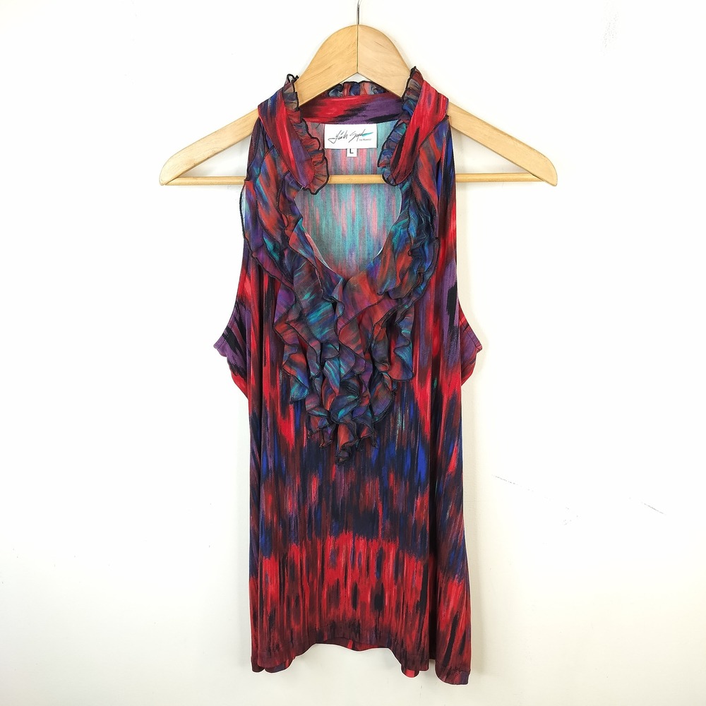 Linda Segal by Navici Tank Top Large Ruffled Abstract Stripe Tank